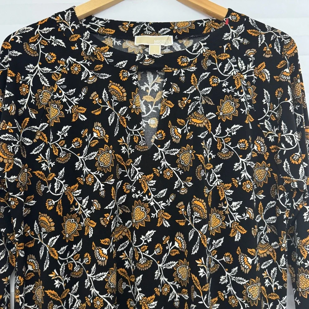Michael Kors Womens Floral Keyhole Long Sleeve Top Black Gold Paisley L Office
